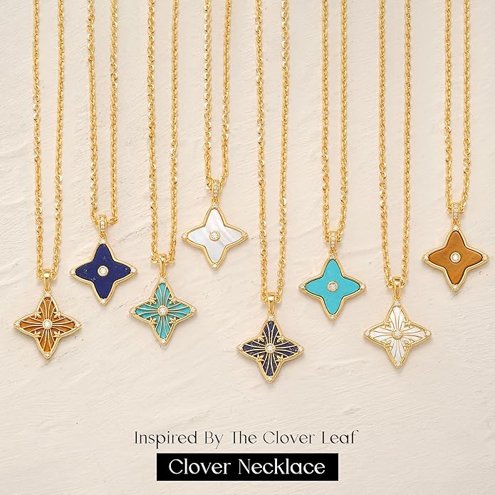 MYEARS Women Clover Necklace Pendant Lapis Lazuli/Mother of Pearl/Turquoise/Yellow Tiger's Eye Cubic Zirconia 14K Gold Simple Dainty Chain Everyday Trendy Lucky Jewelry
