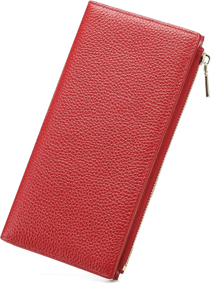 Slim Blue Wallet for Women, RFID Blocking Genuine Leather Bifold with Secure Zippered Coin Pocket (Red)