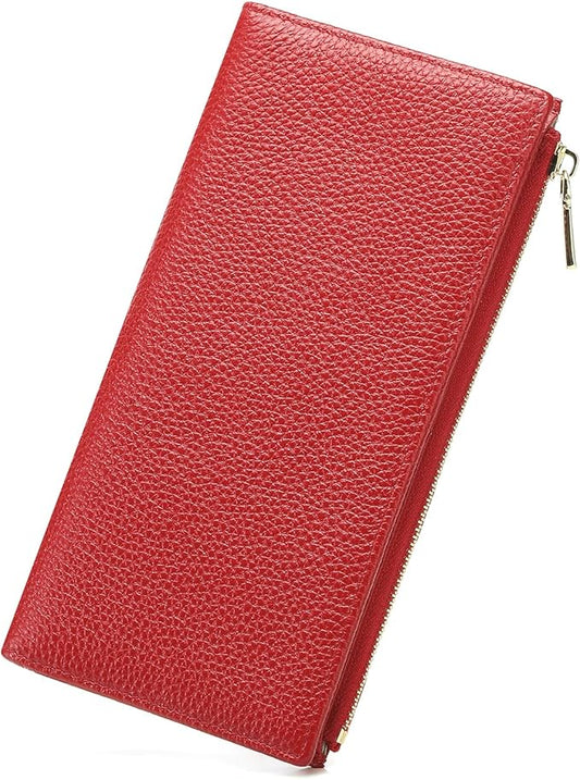 Slim Blue Wallet for Women, RFID Blocking Genuine Leather Bifold with Secure Zippered Coin Pocket (Red)