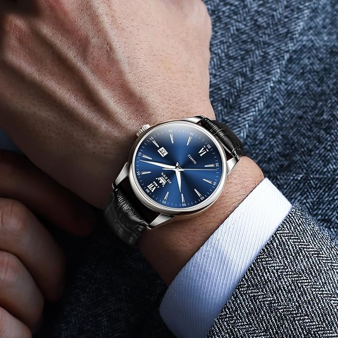 OLEVS Mens Watches, Dress Waterproof Classic Analog Casual Luxury Wrist Watch for Men with Date, Easy to Read Relojes para Hombres Male Quartz Wristwatch with Brown Black Leather Band Blue Black Dial