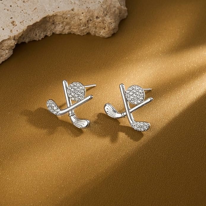Golf Stud Earrings for Women Silver Gold Gifts Cubic Zirconia Flat Back Hypoallergenic Club Cute Dainty Player Fan Tournament Fashion Unique Accessory Small Birthday Novelty Sports Jewelry