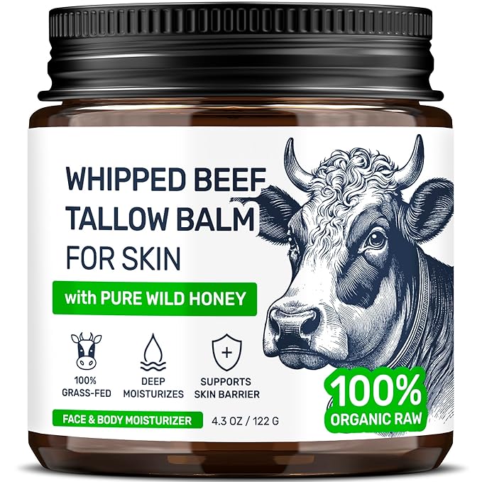 Beef Tallow for Skin – Grass Fed Face Moisturizer & Whipped Body Balm - Honey & Beeswax – Vitamin A, D, E, K Rich Cream – Fragrance Free & Non-Comedogenic Dry Sensetive Skincare - 4.3 oz
