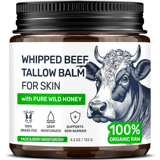 Beef Tallow for Skin – Grass Fed Face Moisturizer & Whipped Body Balm - Honey & Beeswax – Vitamin A, D, E, K Rich Cream – Fragrance Free & Non-Comedogenic Dry Sensetive Skincare - 4.3 oz