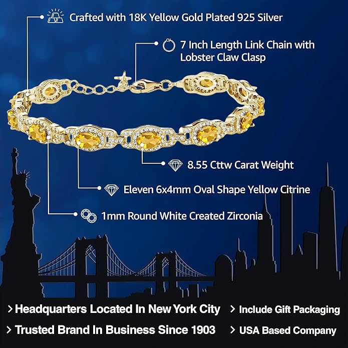Gem Stone King 18K Yellow Gold Plated Silver Oval Gemstone Birthstone Tennis Bracelet For Women | Oval 6X4MM | 7 Inch With 1 Inch Extender | Fine Jewelry Gifts for Her Mom Women Wife
