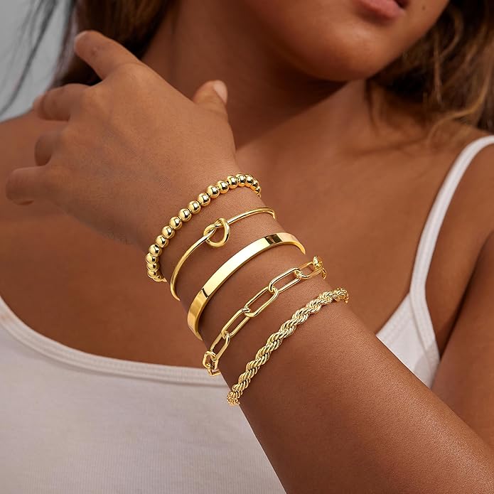 Gold Bracelets Set for Women Non Tarnish, 14K Gold Plated Sterling Silver Chunky Cuff Bracelet Stackable Gold Bangles Bracelet for Women Trendy Fashion Accessories Tie Knot Cuban Rope Paperclip Beaded Bracelet Stack Jewelry Valentines Day Gifts
