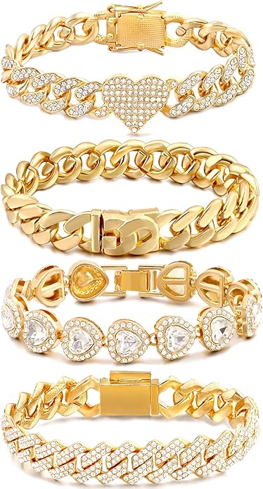 4PCS Gold Bracelets for Women Silver Clustered Tennis Bracelet for Women Heart Round Diamond Cuban Bracelet Layered Link Bracelet Set Fashion Jewelry for Women Set