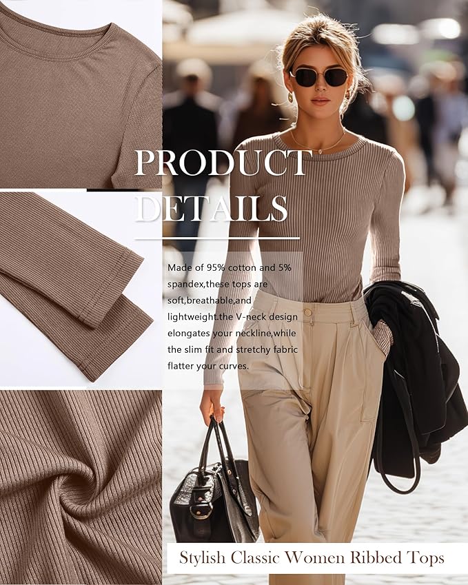 Neer 4 Pack Women's Ribbed Long Sleeve Shirts, Cotton Crew Neck Slim Fit Tops Stretch Knit Casual Base Layer Basic Tee Shirts