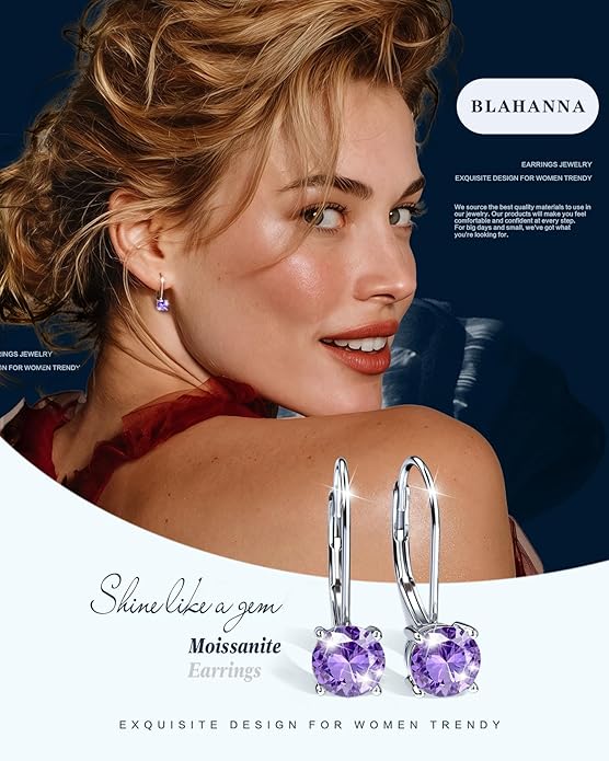 Moissanite Earrings,1.0ct-2.0ct D Color Brilliant Round Cut Earring 18K White Gold Plated Sterling Silver Dangle Earrings Moissanite Leverback Drop Earring s
