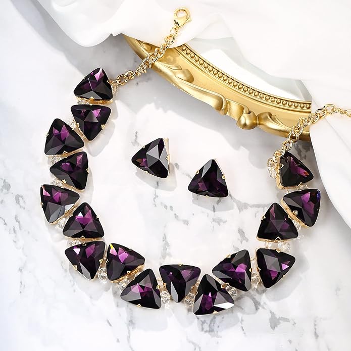 BriLove Art Deco Sparkly Triangle Statement Necklace Earrings Set for Women