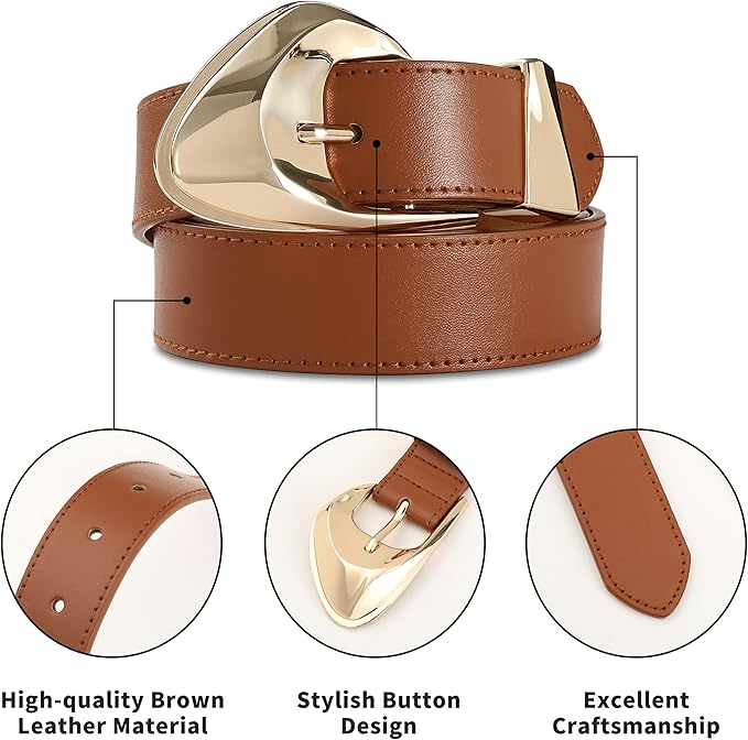 Women's Brown Belt Trend Belt with Gold Buckle Fashion Leather Waist Belt for Jeans Pants