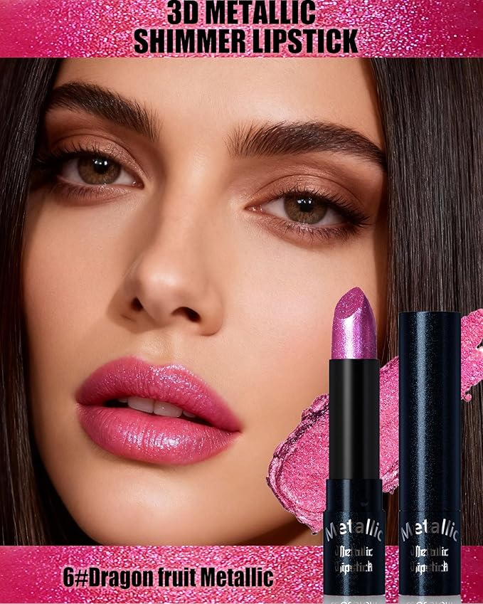 Glitter Metallic Lipstick Shimmer Lip Stick Long Lasting,Hot Pink Diamond Cream Shimmer Tinted Lip Gloss High Pigmented,Metallic Matte Red Lipcolor Stain Women Christmas Non Stick Lips Makeup-06