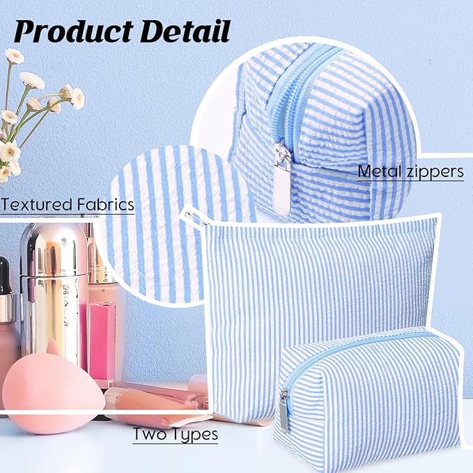 2 Pieces Makeup Bag Set Cute Cosmetic Pouch for Women Seersucker Travel Toiletry Bag Preppy Small Makeup Purse Pouch Aesthetic Skincare Brushes Storage Organizer for Christmas Women(Blue)