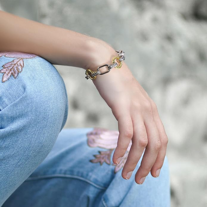Mytys Chunky Chain Link Bracelet Two-Tone Mixed Metal Textured Toggle Clasp Statement Bangle Bracelet Jewelry for Women Fashion