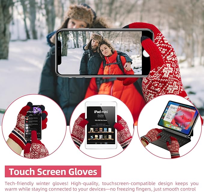 Womens Winter Beanie Hat Long Scarf and Touchscreen Gloves 3Pieces Fleece Lined Skull Caps with Pompom Neck Scarves Set