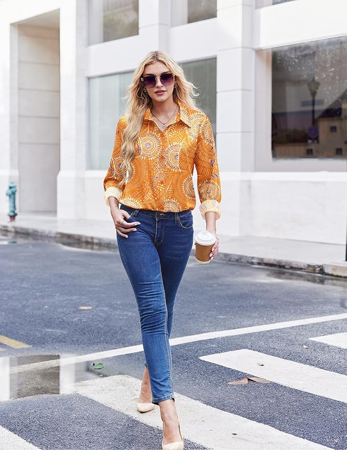 ZEAGOO Button Down Shirt for Women Long Sleeve Blouses Floral Printed Tops Business Casual Work Outfits S-XXL