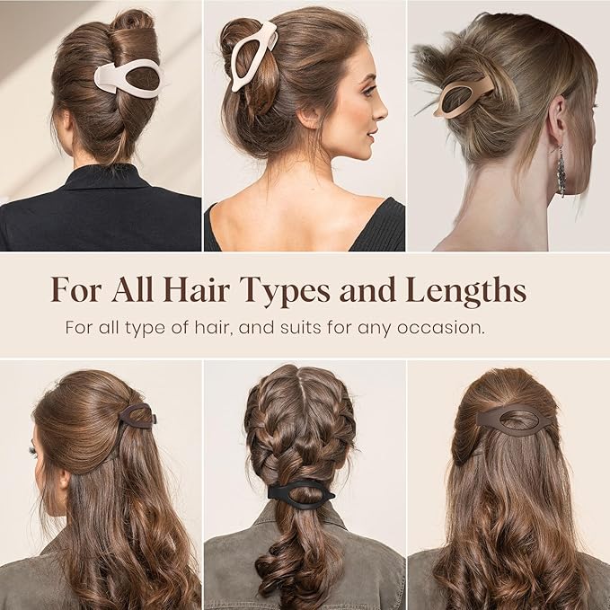 4 PCS Large Flat Hair Clips for Women Girls, French Concord Lay Down Claw Clips for Thick Thin Hair, Comfortable Curved Flat Hair Clips, Matte Non-slip Strong Hold Hair Accessories, Neutral