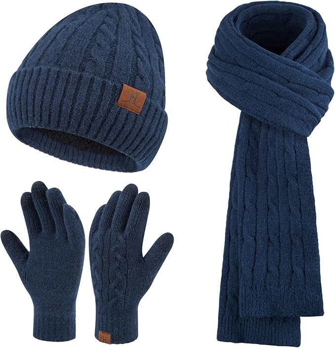 Womens Winter Beanie Hats Long Scarf Touchscreen Gloves Set Warm Knit Skull Caps Gifts for Women
