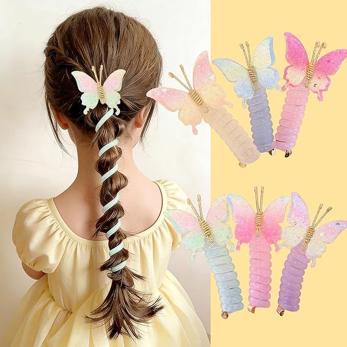 6PC Pearl Butterfly Telephone Wire Hair Ties – Spiral Elastic Bubble Ponytail Hair Bands for Women & Girls, No Damage, Soft & Stretchy Hair Accessories for High Ponytails and Braids (set-F)