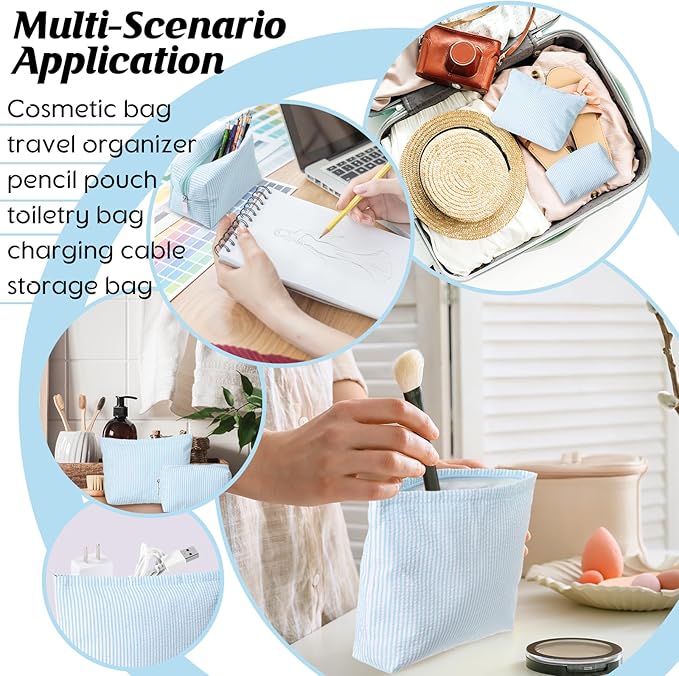 2 Pieces Makeup Bag Set Cute Cosmetic Pouch for Women Seersucker Travel Toiletry Bag Preppy Small Makeup Purse Pouch Aesthetic Skincare Brushes Storage Organizer for Christmas Women(Light Blue)