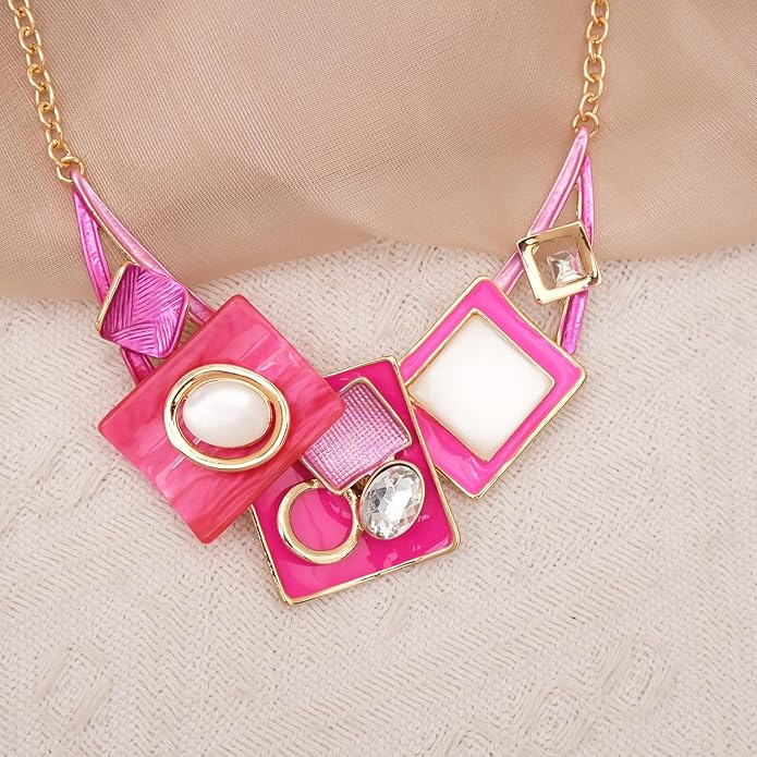 CSY Fashion Boho Oval Crystal Opals Statement Bib Necklace Earrings Bohemian Enamel Costume Jewelry Set Gifts for Women