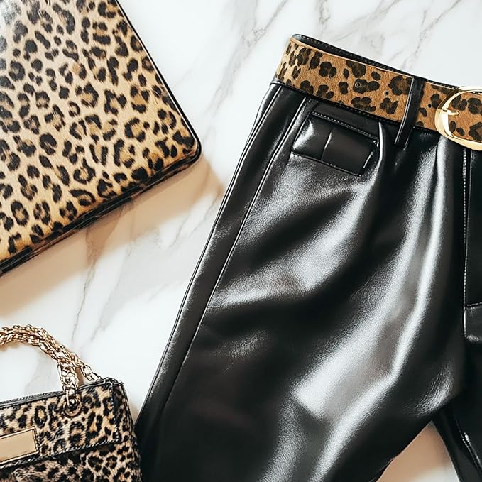 Women’s Leopard Print Leather Belts for Women, Cheetah Print Belt with Gold Buckle, Width 1.46"