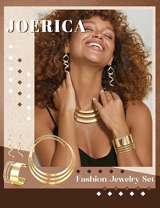 JOERICA Bib Choker Necklace Set for Women Wide Cuff Bangle Bracelets Long Statement Dangle Earrings African Costume Jewelry Set