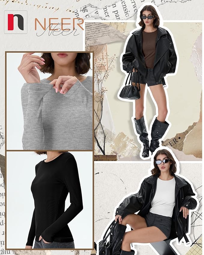 Neer 4 Pack Women's Ribbed Long Sleeve Shirts, Cotton Crew Neck Slim Fit Tops Stretch Knit Casual Base Layer Basic Tee Shirts