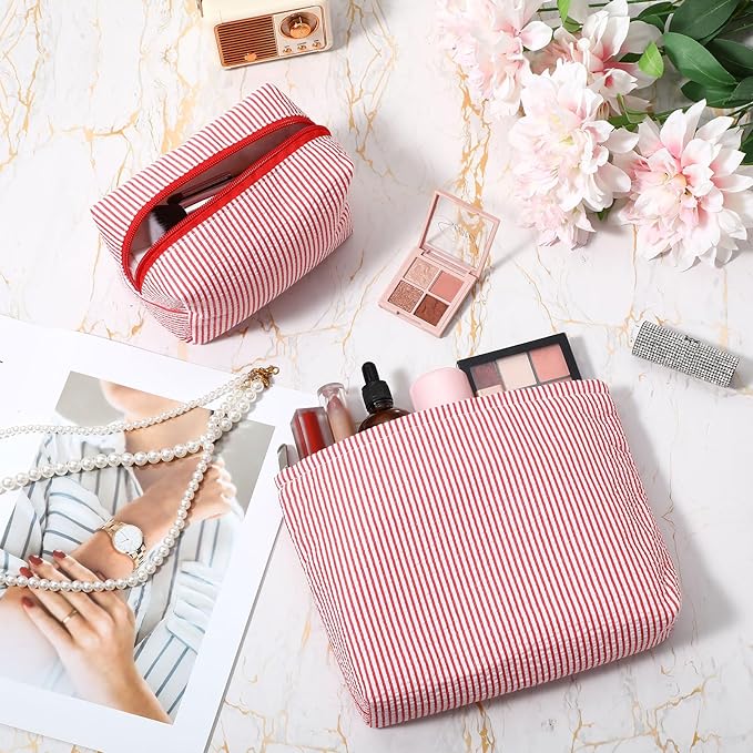 2 Pcs Makeup Bag Set Cute Cosmetic Pouch for Women Seersucker Travel Toiletry Bag Preppy Small Makeup Purse Pouch Aesthetic Skincare Brushes Storage Organizer for Christmas Women (Red)