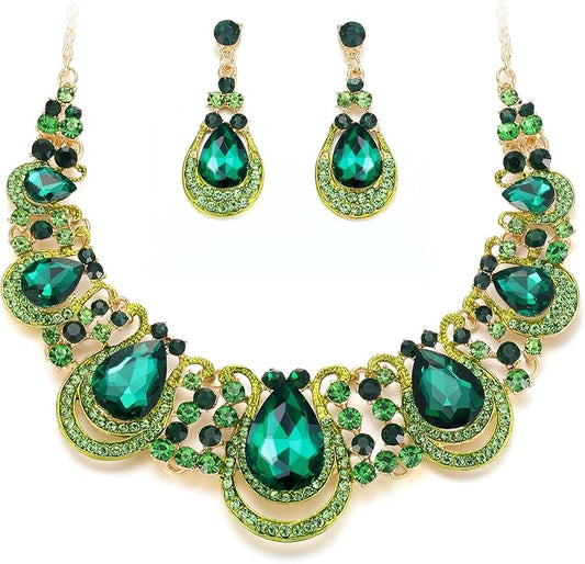 BriLove Women's Costume Fashion Crystal Teardrop Hollow Scroll Statement Necklace Dangle Earrings Set