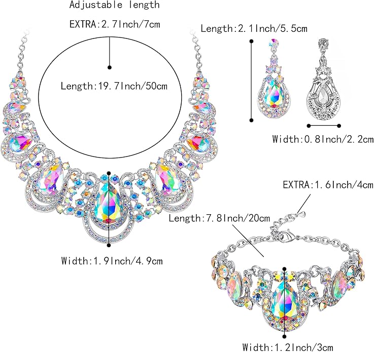 BriLove Women's Teardrop Crystal Statement Necklace Cluster Hollow Dangle Earrings Chain Bracelet Bib Jewellery Set for Wedding Bride Bridesmaid