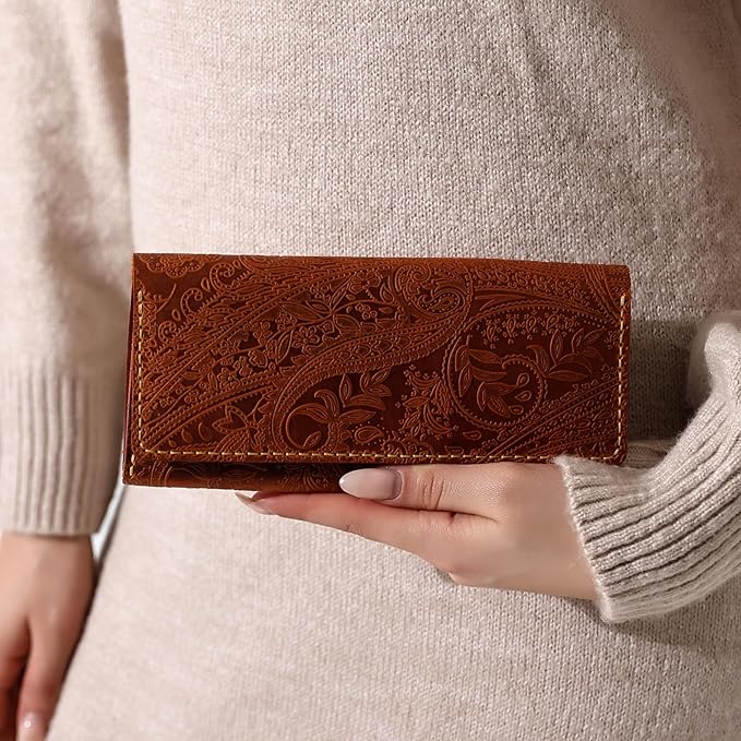 Genuine Leather Handmade Wallet for Women Large Capacity Credit Card Holder Ladies Bifold Long Clutch Handbag Slim Minimalist Western Purse with Zipper Pocket