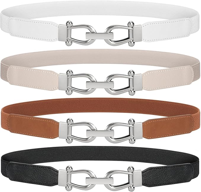 WERFORU Women Skinny Belt for Dresses Retro Stretch Waist Belt with Gold Buckle Set of 4
