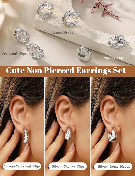 BESTEEL 3Pairs Clip on Earrings for Women Trendy Hypoallergenic 14K Gold Plated Chunky Tube Croissant Waterdrop Clip-on Hoop Earrings Set Fake Jewelry Non Pierced Ears