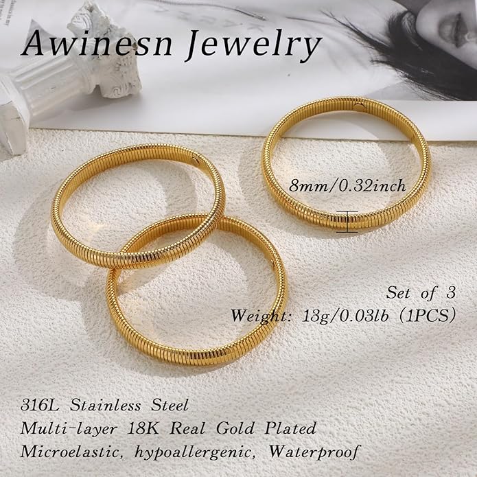 18K Gold Plated Bracelets for Women Gold Bangles for Women Chunky Bangle Bracelets for Women Bracelets Stack Tarnish Free Bangle Set of 3 for Women Accessories for Her Gifts