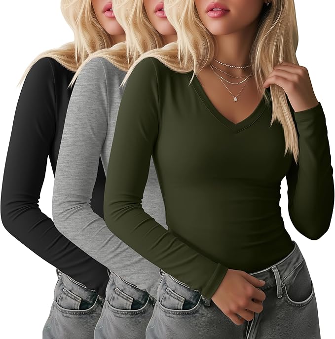Ficerd 3 Pack Women's Long Sleeve Shirts, V Neck Basic Tees Slim Fitted Casual Fall Tops Going Out Blouses T Shirts