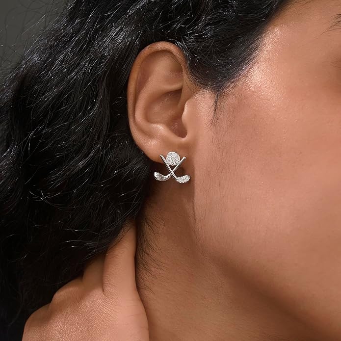 Golf Stud Earrings for Women Silver Gold Gifts Cubic Zirconia Flat Back Hypoallergenic Club Cute Dainty Player Fan Tournament Fashion Unique Accessory Small Birthday Novelty Sports Jewelry