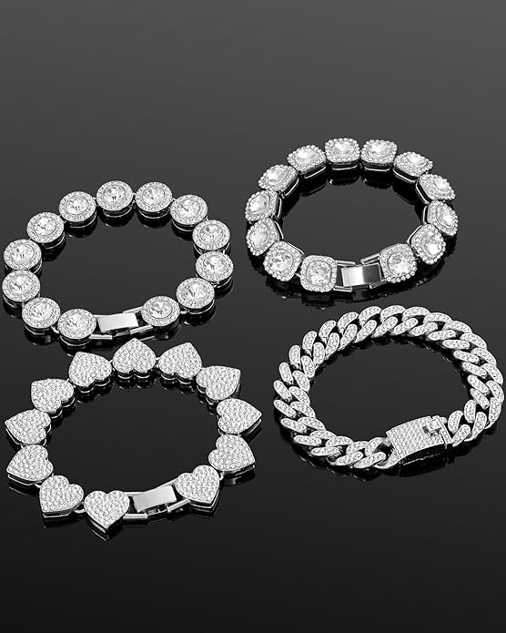4PCS Gold Bracelets for Women Silver Clustered Tennis Bracelet for Women Heart Round Diamond Cuban Bracelet Layered Link Bracelet Set Fashion Jewelry for Women Set