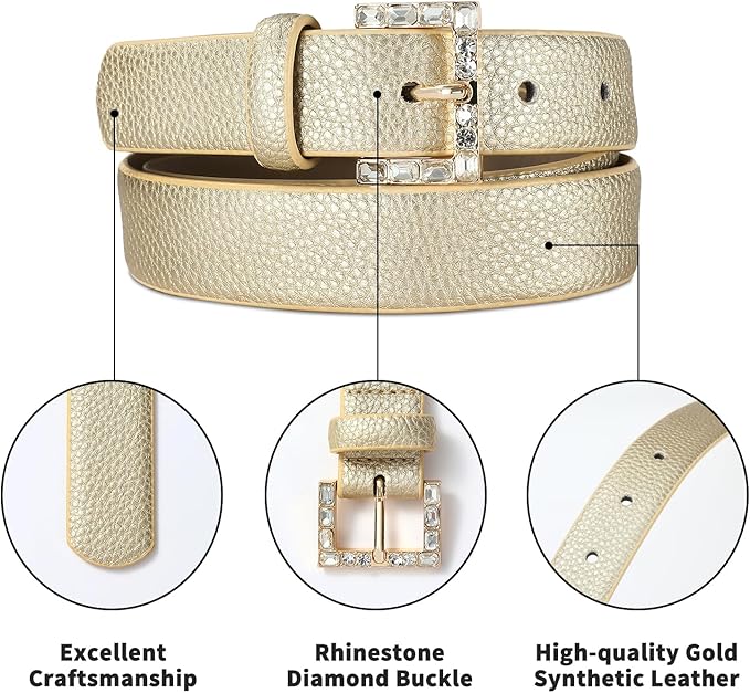 Women Casual Leather Gold Belt for Jeans Pants, Fashion Ladies Girls Gold Faux Leather Waist Belt
