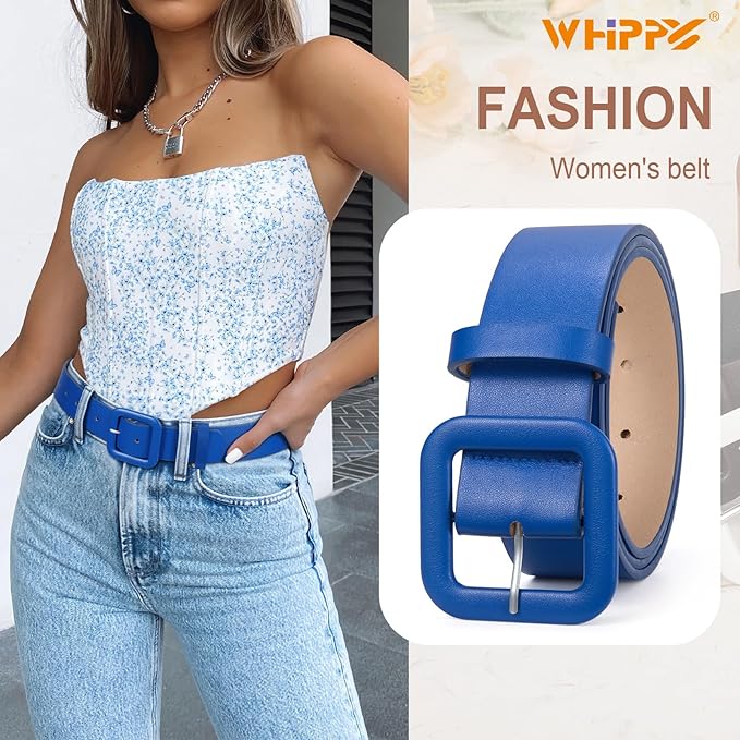 WHIPPY Women Leather Belt Candy Color Fashion Square Buckle Belt Ladies Belt for Jeans Pants Dresses