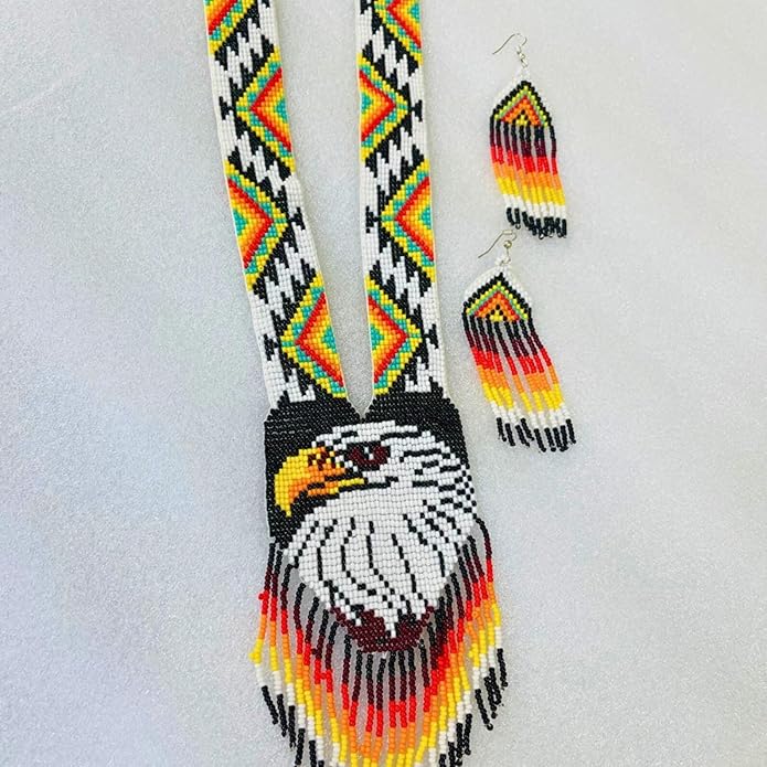 Boho Beaded Jewelry – Eagle Medallion Necklace & Earrings – Artisan Handmade Statement Jewelry & Festival Gift for Women