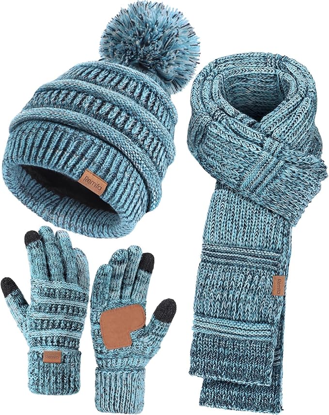 Remifa Winter Beanie Hat Scarf Gloves Set for Women, Slouchy Pom Pom Hat Long Knit Scarf Touchscreen Gloves Christmas Gifts