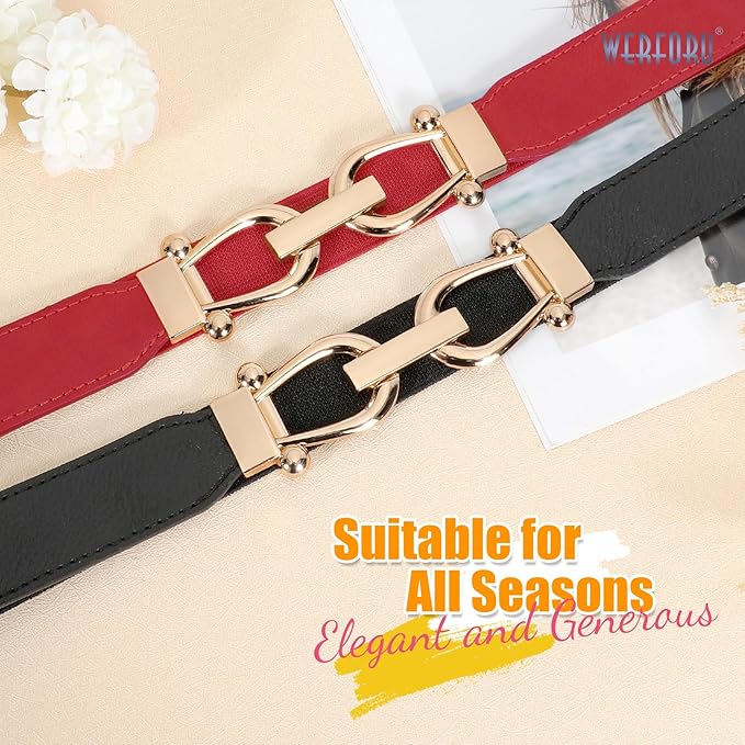 WERFORU Women Skinny Belt for Dresses Retro Stretch Waist Belt with Gold Buckle Set of 4