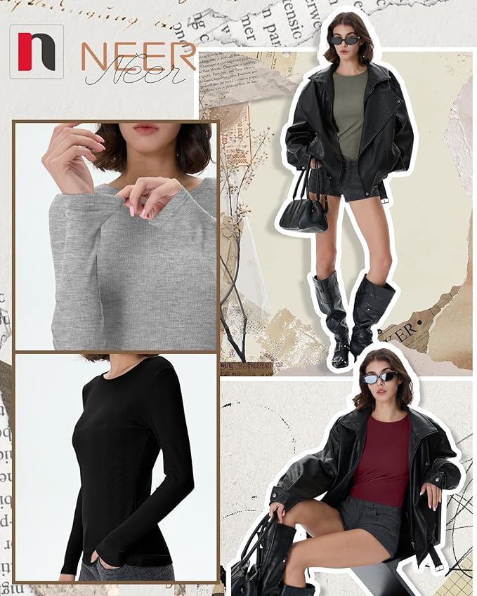 Neer 4 Pack Women's Ribbed Long Sleeve Shirts, Cotton Crew Neck Slim Fit Tops Stretch Knit Casual Base Layer Basic Tee Shirts