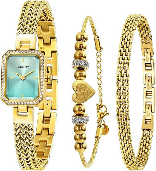 BERNY Silver Watches for Women Ladies Wrist Watch and Bracelet Set Dainty Quartz Bracelet Watch Premium Crystal Accented Fashion Luxury Birthday Present for Women
