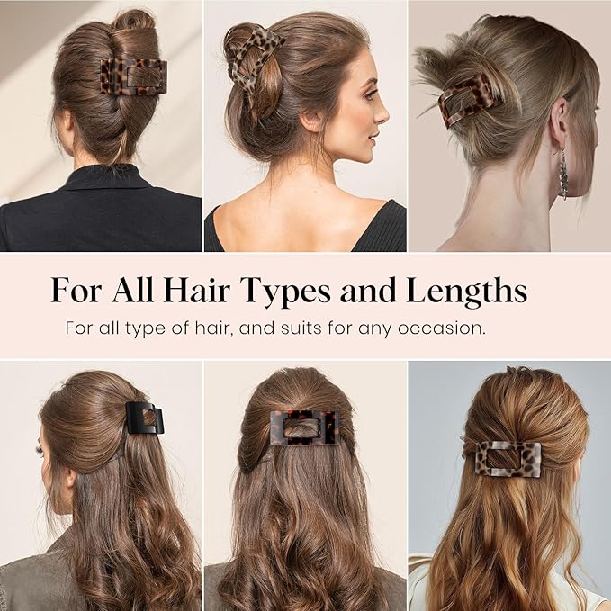 Oeusnae 4 PCS Flat Hair Clips for Women Girls, French Concord Lay Down Claw Clips for Thick Thin Hair, Comfortable Curved Large Flat Clip, Leopard Print Stylish Strong Hold Hair Accessories, Tortoise