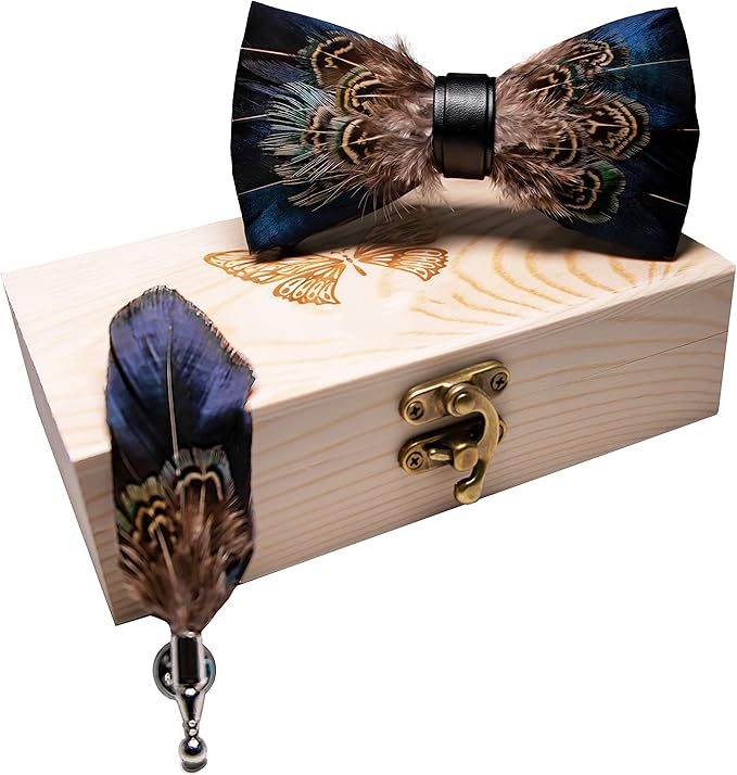RBOCOTT Handmade Feather Pre-tied Bow tie and Brooch Sets for Men