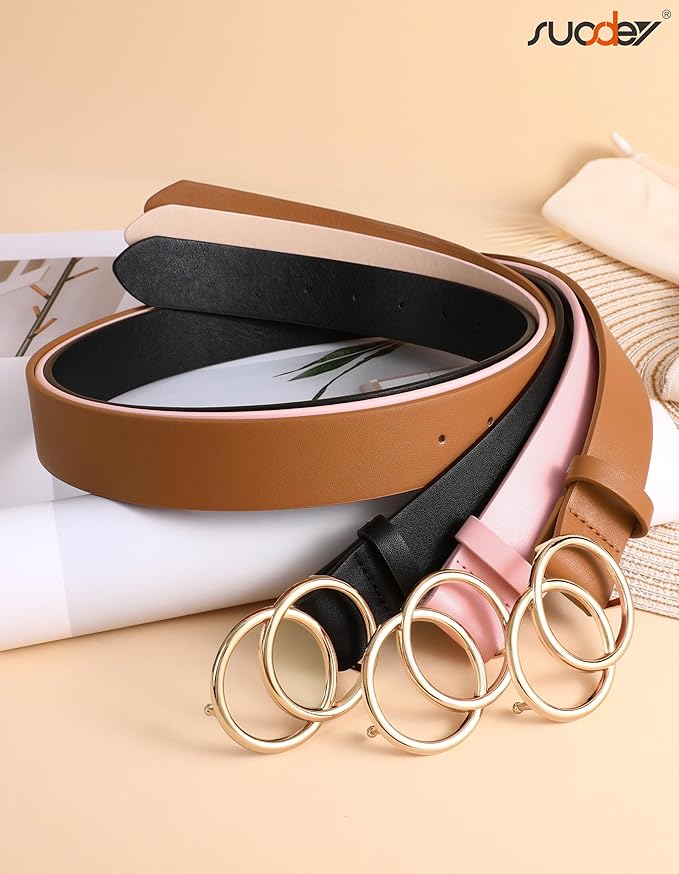 SUOSDEY Women Leather Belt Fashion Double O-Ring Soft Faux Leather Waist Belts For Jeans Dress