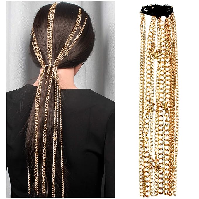 2PCS Dreadlocks pearl Tassel Ponytail Multi-Strand Hair Chain Prom Party Concave styling hair accessories hair extension chain with clip for girls and women (gold)