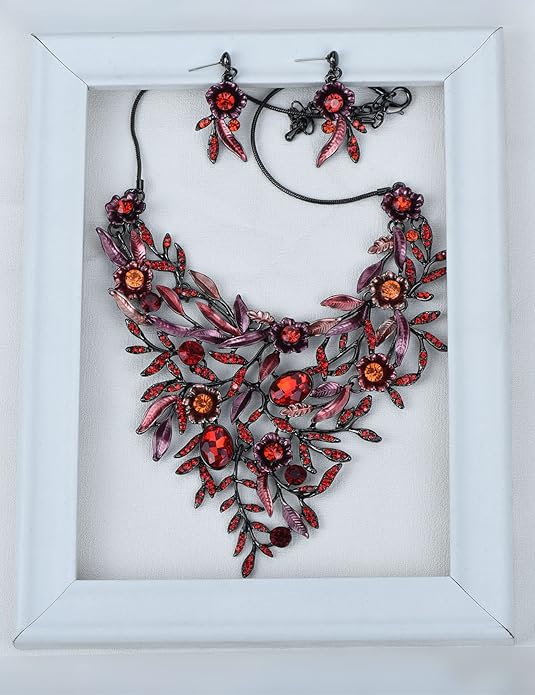 Vintage Women Beautiful Crystal Flower Enamel Blossom Flower Collar Bib Statement Necklace and Earrings Set for Women Wedding Bridal Prom