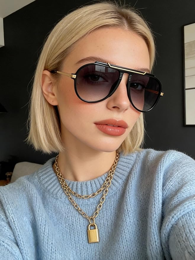 Oversized Aviator Sunglasses for Women Men 2026 70s Retro Gold Metal Sun Glasses Tangle Free Square Aviators